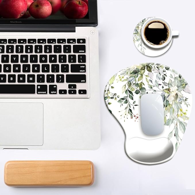 Ergonomic Mouse Pad with Wrist Support and Coaster,Mouse Pads with Non-Slip PU Base for Home Office Working Studying Easy Typing & Pain Relief Watercolor Leaves