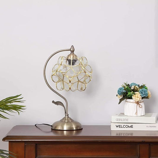 Bieye L10734 Tiffany Style Stained Glass Flower Petal Table Lamp with Brass Base for Home Décor (Clear, 8" Cherry Blossom)