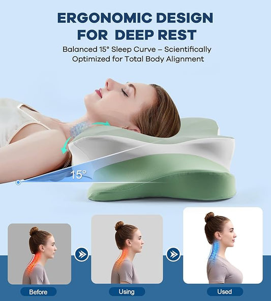 Cervical Pillow for Neck Pain Relief -Cooling Ergonomic Memory Foam Pillow with Ice Silk Pillowcase, Dual-Height Orthopedic Support Contour Pillow for Side/Back/Stomach Sleepers, CertiPUR-US Certified