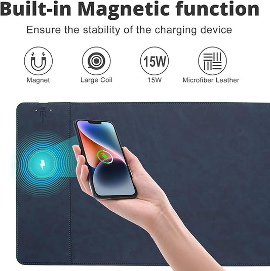 Magnetic 15W Fast Wireless Charging Desk Pad, 35.4"x16.8" Extra Large Mouse Pad, Microfiber Leather Office Desk Mat, Waterproof and Scratch-Resistant Mouse Mat for Office and Home Use,Blue
