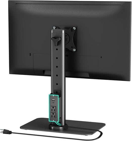 Single Monitor Mount with Power Outlet, Freestanding Monitor Stand for 13 inch to 32 inch Flat Curved Screen with Metal Base, 6 Heights Adjustable,Swivel, Tilt, Rotation, Max VESA 100x100mm