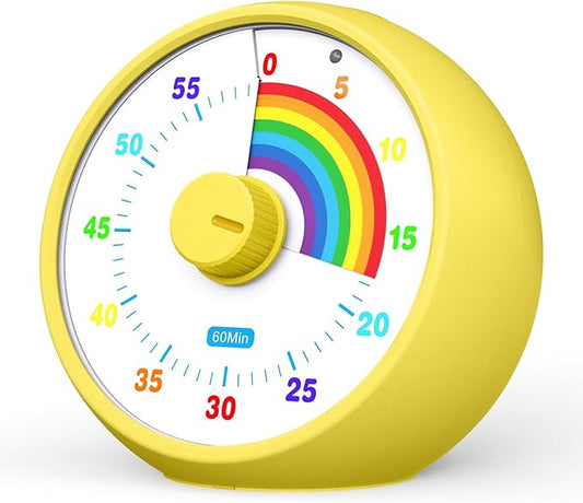 Visual Timer for Kids, 60-Minute Countdown Timer for Classroom Office Kitchen, Desk Timer Kids Time Management Tools with Silent Operation, Pomodoro Time Rainbow Pattern (Yellow)