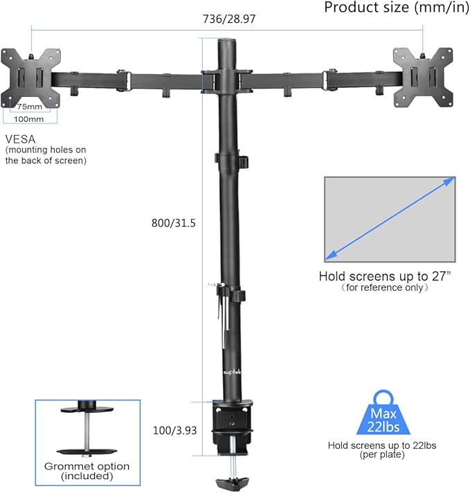 Suptek Dual Monitor Desk Mount, Adjustable Dual Monitor Arm for 2 Computer Screens up to 27 inch, Extra Tall 31.5" Pole Dual Monitor Stand for Desk, Holds up to 22 lbs(MD6842)