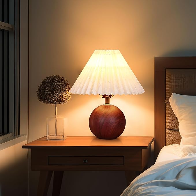 Ceramic Table Lamp for Bedroom, Small Space Pleated Cute Bedside Table Lamp with Switch, Night Light, Decor Desk Lamps for Living Room, Kids Room, Dorm, Office, Nursery with E26 LED Bulb