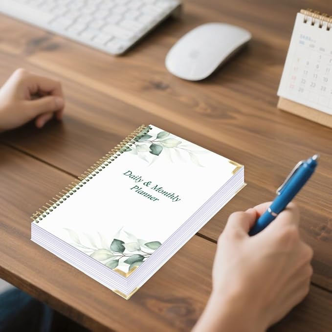 Undated Daily Monthly Planner for 2025 2026 - A5 To Do List with Hourly Schedule, Hardcover Spiral Bound Daily Planner to Increase Focus, Stylish School/Office Supplies, 5.8" x 8.5", Green Leaf