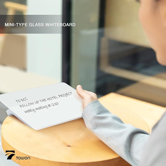 TOWON Small Glass Dry Erase Board, Desk White Board with Standing, Mini Whiteboard Easel Pad Set, Stenography Artifact for Office, Home and School Supplies, 8x6 Inches, White