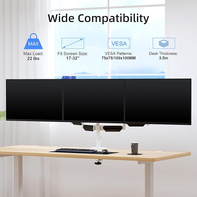 suptek Triple Monitor Mount for Most 17 to 32 inch Screens,Gas Springs Adjustment Triple Monitor Desk Mount Stand with Clamp & Grommet Kit,White(MD8003W)