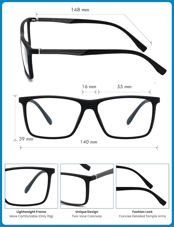 GUDVUE Mens Blue Light Glasses Rectangle Computer Glasses Gaming Glasses, Black/Gunmetal