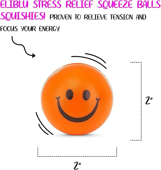Neliblu Neon Smile Stress Balls for Adults and Kids - Foam Squeeze Balls for Stress Alleviation, Relaxation and Fun - Pack of 12 Happy Face 2.5-Inch Stress Balls - Ideal for Parties, Therapy, and Toys