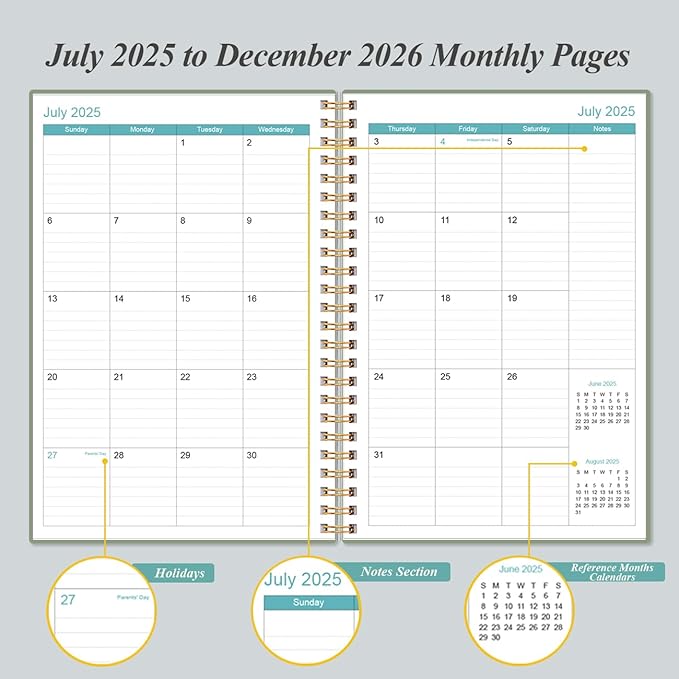 2025-2026 Planner - 18 Months Weekly & Monthly Planner from July 2025 - December 2026, Spiral Planner 2025-2026 with Elastic Closure, Inner Pocket, Medium 5.8" x 8.3", Green