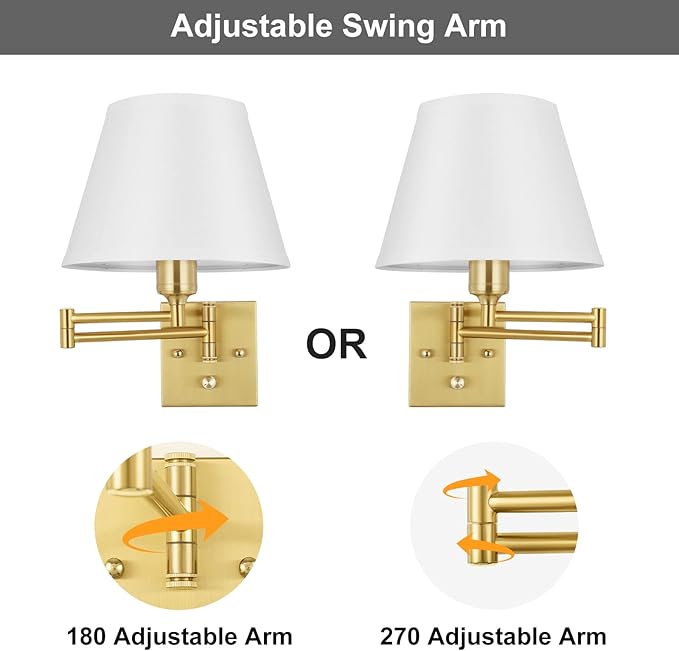 TRLIFE Dimmable Wall Sconce, Remote Control Dimming 10-100% and Adjustable Color Temperature 2700K-6500K Brushed Brass Swing Arm Wall Lights with Plug in Cord, 9.4" Medium White Shade(2 Pack, 2 Bulbs)