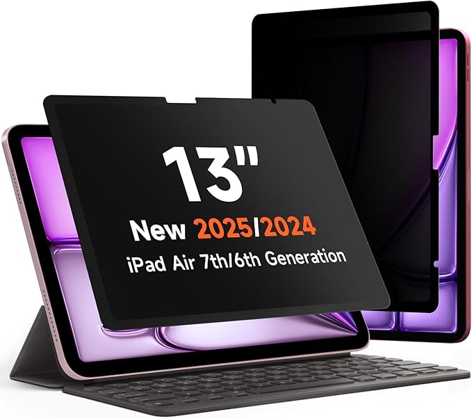 Upgrade 360° Privacy Screen Protector for iPad Air 13 inch M3 2025 & M2 2024, (iPad Air 7th/6th Generation), Magicsuction 4-Way Anti Spy Glare Blue Light Filter (Landscape+Portrait Privacy)