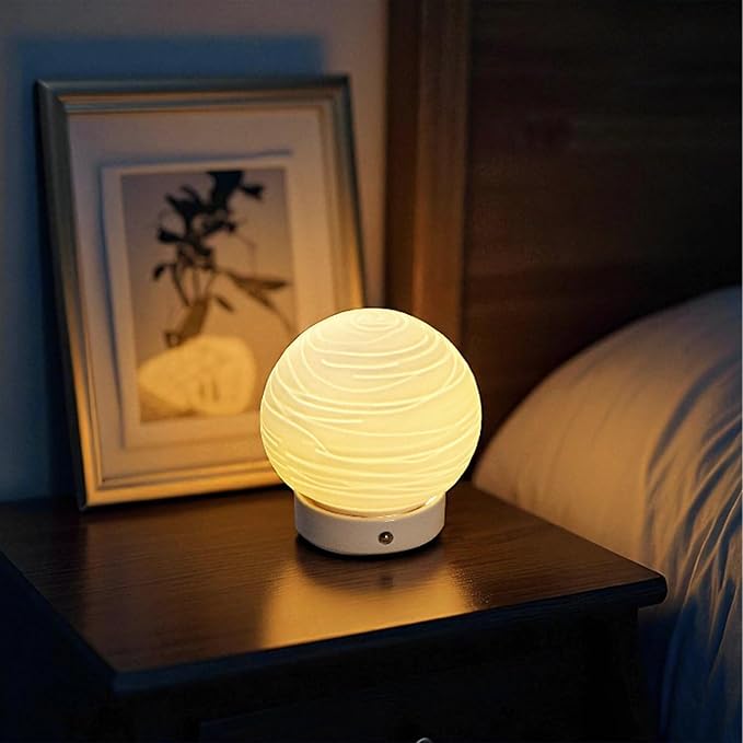 JHY DESIGN 3 Colors Bedside Rechargeable Table Lamp 6.5" H Globe Shade Battery Operated Desk Lamp Translucent Ceramics Dimmable LED Touch lamp for Living Room Bedroom Cafe Outdoors Kids Room(Planet)