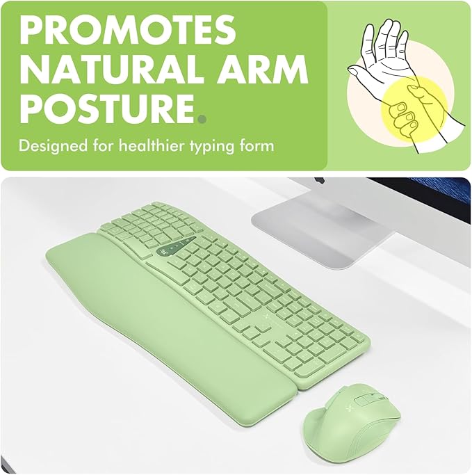 X9 Green Ergonomic Keyboard Mouse Wireless Combo - Type Comfortably Longer - 2.4G/Bluetooth Split Keyboard, Multi-Device, Soft Wrist Rest, Rechargeable, Silent Ergo Keys - Laptop, PC, Mac,iOS,Android