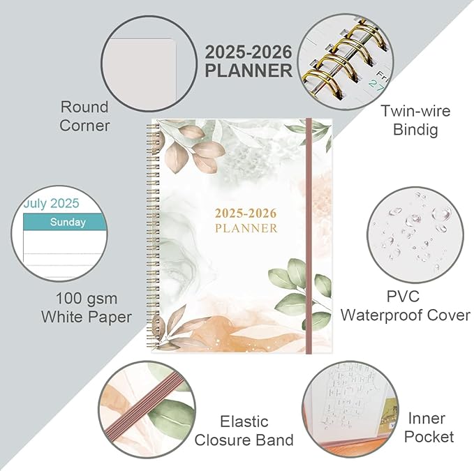 2025-2026 Planner - 17 Months Weekly & Monthly Planner from August 2025 - December 2026, Academic Planner 2025-2026 with Elastic Closure, Inner Pocket, 8.5" x 11", Rose Leaf