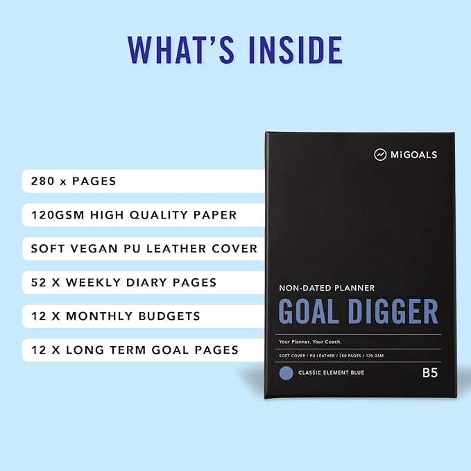 Mi Goals Undated 12 Month Goal Digger Weekly Planner - Reinforce Positive Habits, Practice Gratitude and Encourage Mindfulness - 280 Page Undated Planner and Journal, Blue B5 (6.9 x 9.8 Inches)