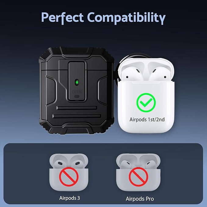 DASFOND Armor Cover AirPods 2nd & 1st Generation Case, Military Grade Full Body Shockproof Protection Hard Case, Support Wireless Charging with Keychain, Magnetic Lid, Front LED Visible, Black