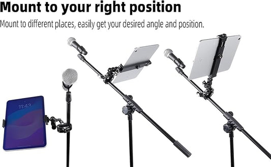 Aluminium Tablet Holder Mount for Spin Bike, iPad Mount Handlebar Clamp for Stroller, Golf Cart, Wheelchair, Scooter, Spin Bike, Music Mic Stand, Compatible with 6.5-12.9" Tablets