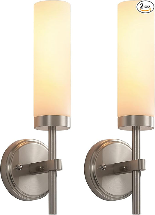 Wall Sconces Set of Two,Brushed Nickel Bathroom Sconces Wall Lighting with White Glass, Modern Sconces Wall Decor Set of 2 Wall Light fixtures for Bathroom Mirror Living Room Hallway Bedroom Wall Lamp