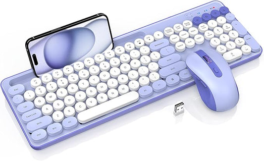 Wireless Keyboard and Mouse Combo, Retro Round Keycaps, Cute Full-Size Typewriter Keyboard with Phone Holder, Sleep Mode, Click Soft, 2.4GHz Cordless Connection for Windows/PC/Laptop (Purple-Colorful)