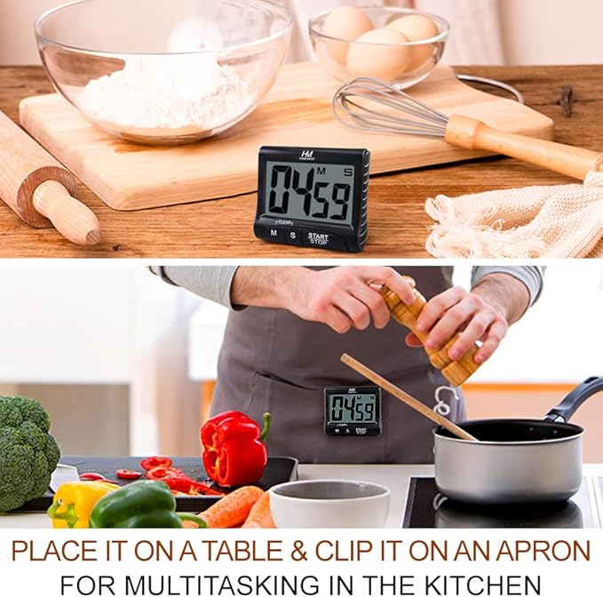 2-Pack Large Display Kitchen Timer - 3" Digital Timer Magnetic Back Loud Alarm - Black Cooking Timers for Kitchen Teachers Students Games Meetings - Sports Timers for Workouts Exercise