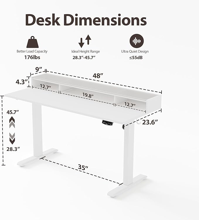 Agilestic Glass Standing Desk with Storage, 48 Inch Electric Adjustable Desk with Glass Shelf and Cable Management, Sit Stand Up Home Office Computer Table, Splice Board, White