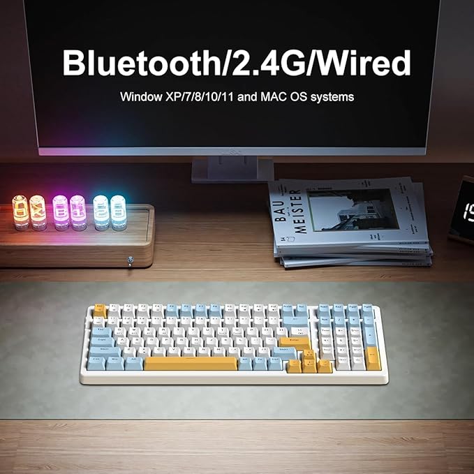 Wireless Mechanical Keyboard, Triple Mode 2.4G/USB-C/BT Gaming Keyboards 100 Keys Ice-Blue Backlit Brown Switch Keyboard | Rechargeable Mechanical Gaming Keyboards | Ice Blue/W/Y