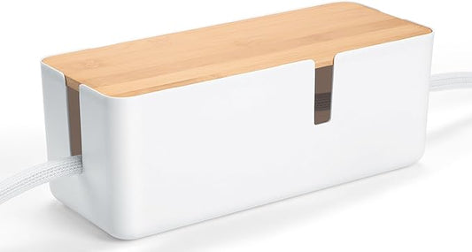 Cable Management Box with Bamboo Lid, White Cable Box Small Cord Hider Box Cord Organizer Box to Conceal Surge Protector, Desk/TV/Computer Wires, Power Strip Box Cord Management Box for Tidy Space