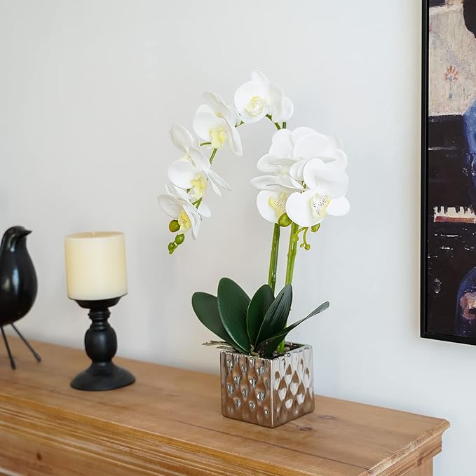 LISU Artificial Orchids, Silver Vases, Home Decoration Flower Arrangements, Fake Flowers in Vases. (C:White)