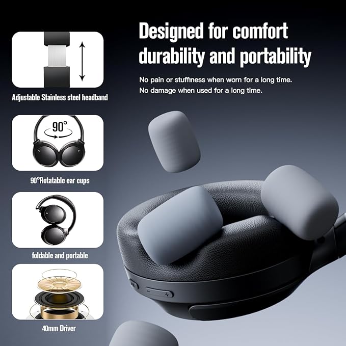 Active Noise Cancelling Bluetooth Over Ear Headphones, Foldable and Rotatable Wireless Wired ANC Headphones with Microphone for Cell Phone,Laptop, 150 Hours Playtime, Bluetooth 5.3v