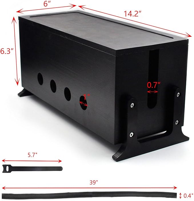 Large Cable Management Box, Wood Cord Hider Box & Organizer for Power Strip Hider Cable Storage for Office, TV Wires, Desk Cord Organizer, 14.2" x 6" x 6.3", Black, Wood