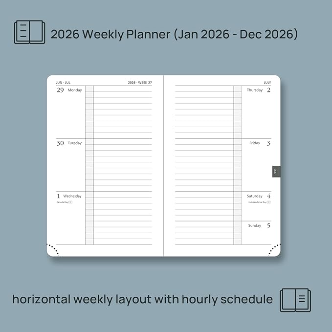 POPRUN Weekly Planner 2026 Calendar (Pocket 4'' x 6.25'') 12 Months Notebook with Horizontal Layout, Leather Hardcover, Inner Pocket, 100GSM Thick Paper, Pen Holder - Navy Blue