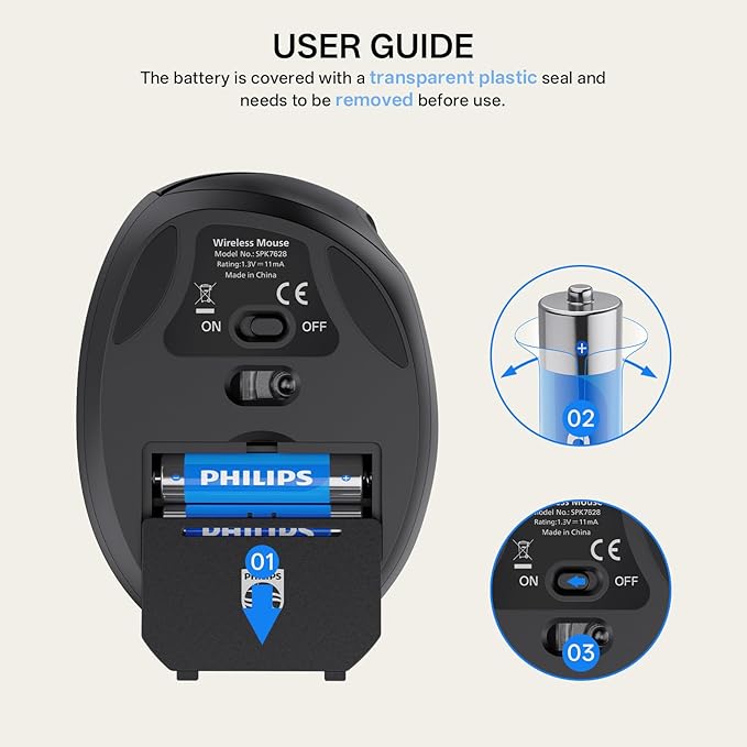 PHILIPS Ergonomic Mouse - Vertical Mouse with 800/1200/1600 Adjustable DPI, 6 Silent Buttons Design for S/M Hands, Auto Power Saving,Light Weight, 2.4GHz Wireless Mouse for Laptop, Desktop, PC-Black