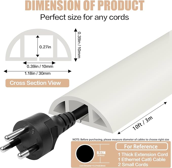 Floor Cord Cover Cable Cavity Self Adhesive Cord Hider Floor 10FT Floor Cable Management Power Cord Protector Floor Electric Cord Covers for Offices, Gym, Exhibitions (Beige, 1.18" x 10')