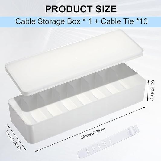 Tatuo 4 Pcs Cable Organizer Box with Wire Ties, Plastic Cord Storage Box with Lid, Electronics Organizer for Home Office Desk Organizers and Accessories (10.79'' X 3.78'' X 1.97'',White)