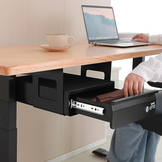 VEVOR Under Desk Lockable Slide Out Drawer, 13 inch Under Desk Pull-out Drawer for Sit Stand Workstation, Secure Under Counter Drawers for Home Office Storage Organizer, Black