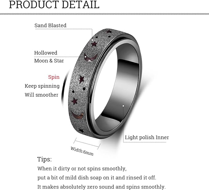 Anxiety Ring for Women Spinner Ring Fidget Ring Fidget Toys Adults Spinner Thumb Ring Anxiety Fidget Rings for Women Stainless Steel Anxiety Fidget Ring Men(Moon Star-Black, 10)