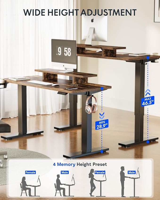 FLEXISPOT Standing Desk with Monitor Stand, 48 x 24 Inches One-Piece Electric Height Adjustable Computer Desk with Cup Holder, Home Office Desks (Black Frame+ Rustic Top)