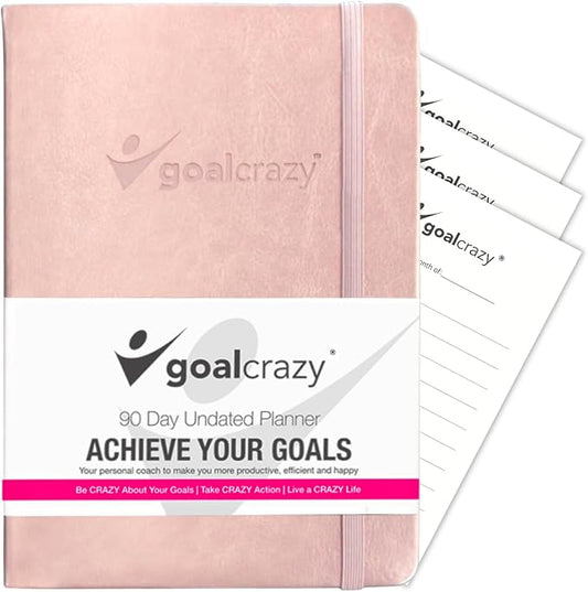 Undated Planner - 90 Day Guided Journal, 2025 2026 Weekly Organization, Productivity Habit Tracker, Inspirational, Life Setting, Rose Gold, Pink Leather, Almond Pages