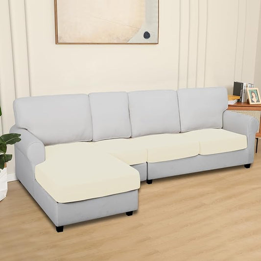 Easy-Going 100% Waterproof 4 Pieces Couch Cushion Covers for Sectional Sofa Left/Right L Shape Chaise Lounge Sofa Seat slipcover Anti-Slip Sofa Cover (3 Seater + 1 Chaise, Ivory