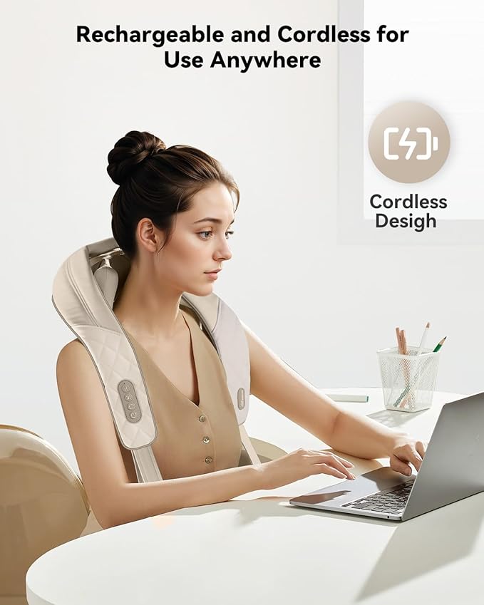 Snailax Cordless Neck Massager with Heat, Kneading Neck and Shoulder Massager Deep Tissue, Shiatsu Back Pillow, 2 Heating Levels,Gifts for Mom Dad