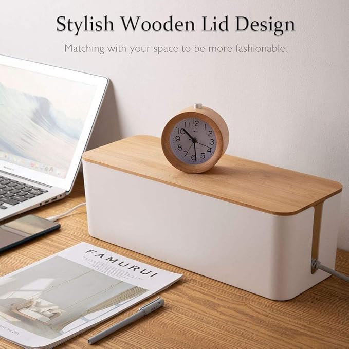 Cable Management Organizer Box, 2 Pack Large Storage Bamboo Lid Wires Concealer Holder for Office Desk, Home, Kitchen, TV, Computer, Cover Hide Tidy Surge Protector Power Strips & Cords (White)