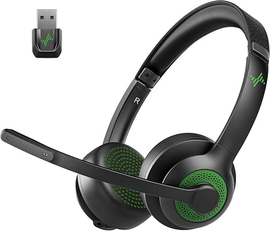 Wireless Headset with AI Noise Cancelling Microphone Bluetooth Headset - Bluetooth V5.2 Headphones with USB Dongle & Mic Mute for Computer/Laptop/PC/iPhone/Android/Cell Phones/Zoom-Green