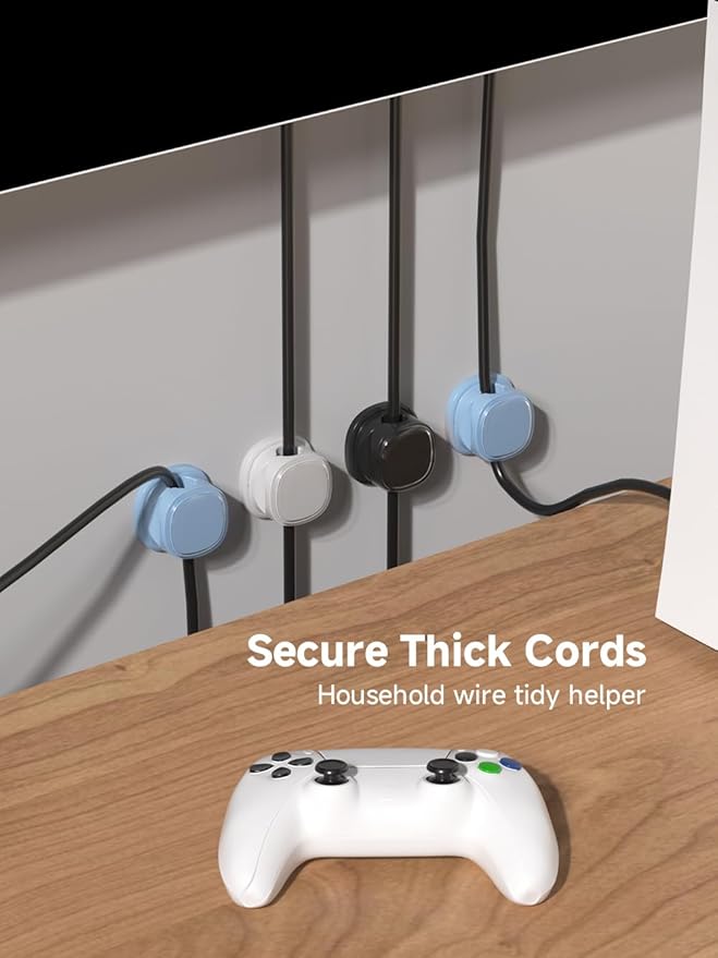 9 Pack Cord Organizer, Spring Cable Management, Adhesive Cute Cable Holder Clips, Phone Charger Wire Keeper for Desk Nightstand Car Office (9-Pack White_Blue_Black)