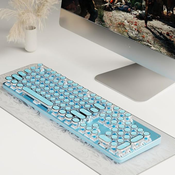 EWEADN TK950 Typewriter Keyboard Wireless Mechanical Keyboard, 104 Keys Aesthetic Typewriter Keyboards with White Backlit, Anti-Ghosting, Blue Switch Bluetooth/2.4GHz/Wired Keyboards-Blue