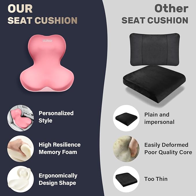 Coverado Seat Cushion and Lumbar Support Pillow One Piece for Car Office Chair, Ergonomic Memory Foam Desk Chair Cushion Back Support Pillow, Sciatica & Back & Tailbone Pain Relief Cushion-Pink