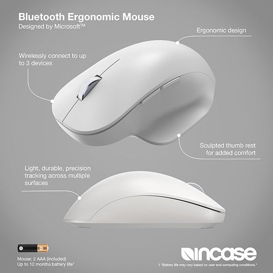 Incase Bluetooth Ergonomic Mouse – Designed by Microsoft – Two Thumb Buttons, Easy to Grip Thumb Rest, Precision Tracking, Connects 3 Devices, 15 Month Battery Life, PCs/Laptops (Glacier)