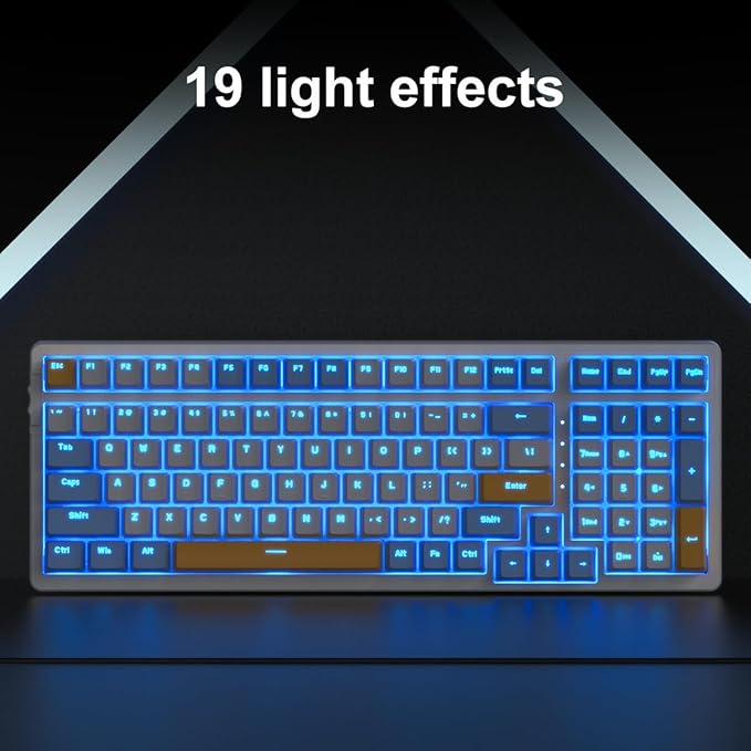 Wireless Mechanical Keyboard, Triple Mode 2.4G/USB-C/BT Gaming Keyboards 100 Keys Ice-Blue Backlit Brown Switch Keyboard | Rechargeable Mechanical Gaming Keyboards | Ice Blue/W/Y