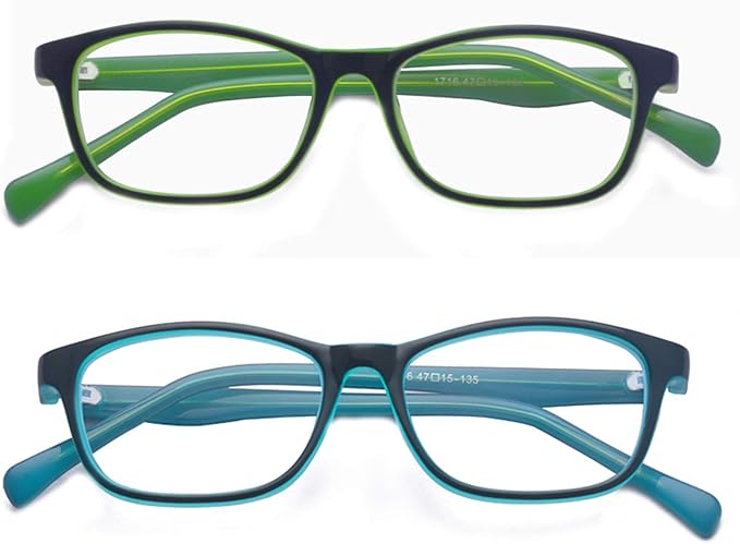 Outray 2 Pack Kids Anti Blue Light Glasses Classic Rectangle Eyewear Anti Harmful Blue Light/UV400 | Anti Glare (Blue+Green, 47)