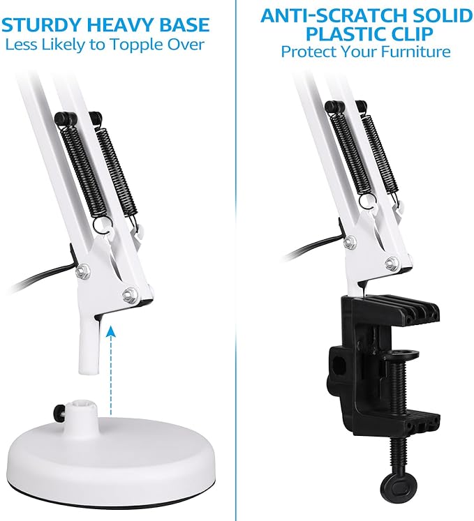 TORCHSTAR Metal Desk Lamp with Clamp, Swing Arm, Architect Adjustable Gooseneck Table Lamp, Clip Desk Lights for Home Office, Work, Study, Reading, E26 Base, Multi-Joint, White